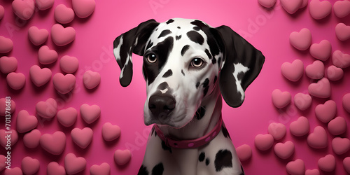 portrait of a dog on a Pink Love Background: Valentine's Day, Romance, and Love Concept. 