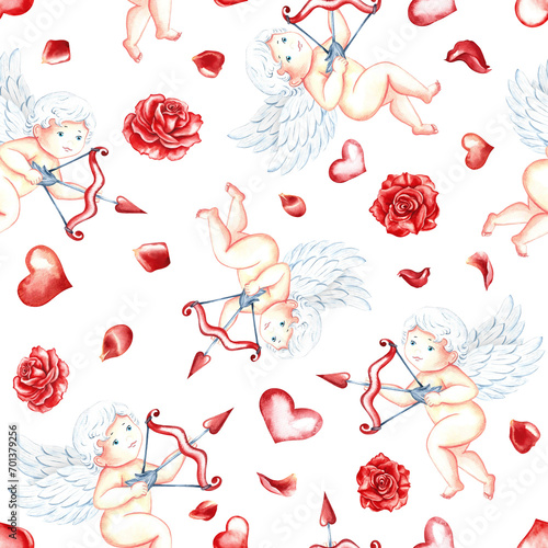 Seamless pattern with cute cupids with bow, arrows, hearts and roses. Hand-drawn watercolor illustration. For Valentine's day and wedding. For postcards, textiles, wrapping paper, packaging.