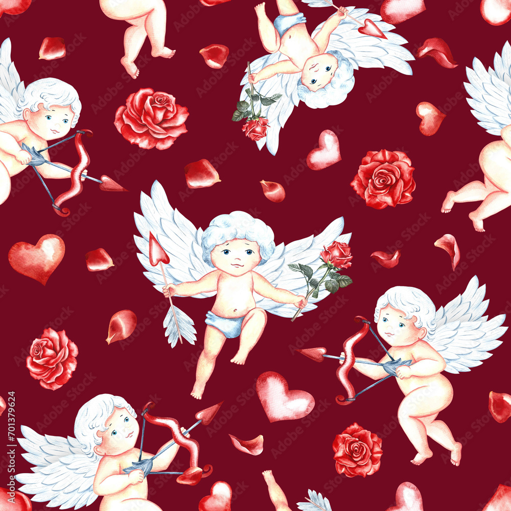 Seamless pattern with cute cupids with bow, arrows and hearts. Little angels. Hand-drawn watercolor illustration. On a dark red background. For Valentine's day and wedding, textile, wrapping paper Seamless pattern with cute cupids with bow, arrows and hearts. Little angels. Hand-drawn watercolor illustration. On a dark red background. For Valentine's day and wedding, textile, wrapping paper