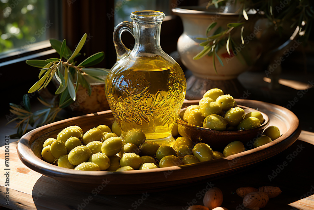 Generative AI - A bottle with olive oil and olives Generative AI - A bottle with olive oil and olives