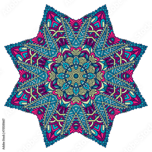 Festive Colorful Tribal ethnic medallion vector. Filigree ornamental psychedelic mandala art. Ethnic Decorative Mandala ornament.