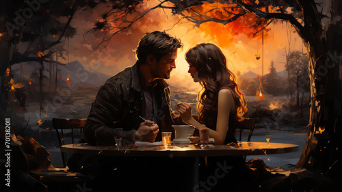 Wallpaper Mural  Romantic Couple Celebrating Valentine's Day in Cozy Snowy Forest Cabin - Love and Affection Themed Illustration Painting, AI-Generated Torontodigital.ca