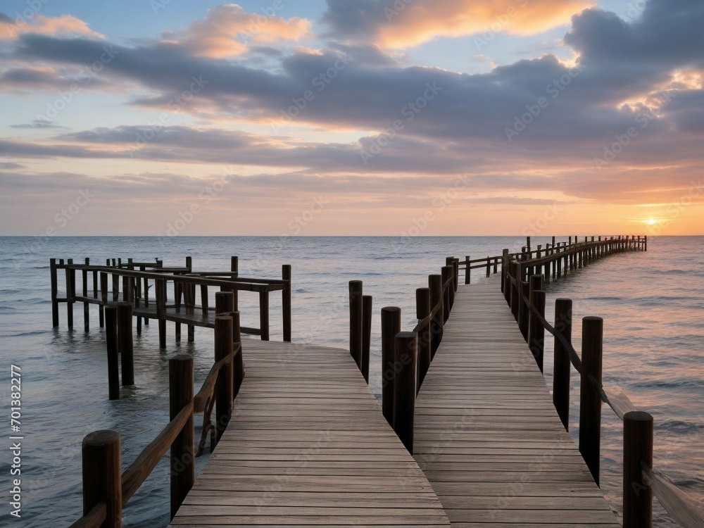 Wooden pier on the beach at beautiful sunset in the evening