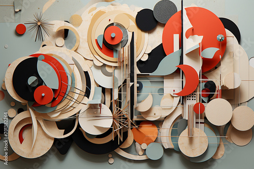 An abstract collage composition utilizing a mix of found objects, digital renderings, and abstract shapes arranged in a harmonious yet unpredictable arrangement. photo