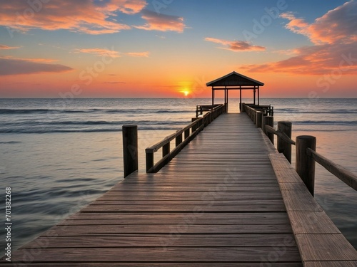 Wooden pier on the beach at beautiful sunset in the evening