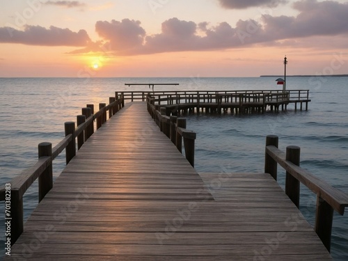 Wooden pier on the beach at beautiful sunset in the evening photo