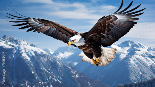 An image of a soaring eagle high above the mountains, representing vision and freedom, against a backdrop of expansive blue skies Ai Generative © SK