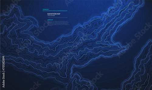 Topographic map blue technology background. Big data elevation map with contour lines.