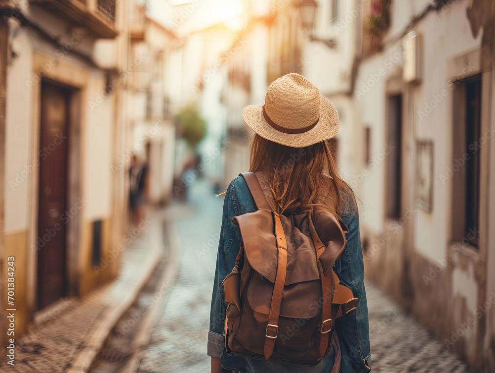 Younge female traveler on the streets of Lisbon, Portugal, discovering historic center and landmarks Younge female traveler on the streets of Lisbon, Portugal, discovering historic center and landmarks