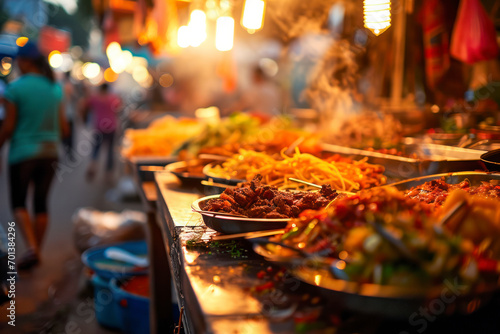 Authentic street food experience, an image capturing the vibrancy and variety of authentic street food from around the world, creating an enticing and multicultural scene with copy space.