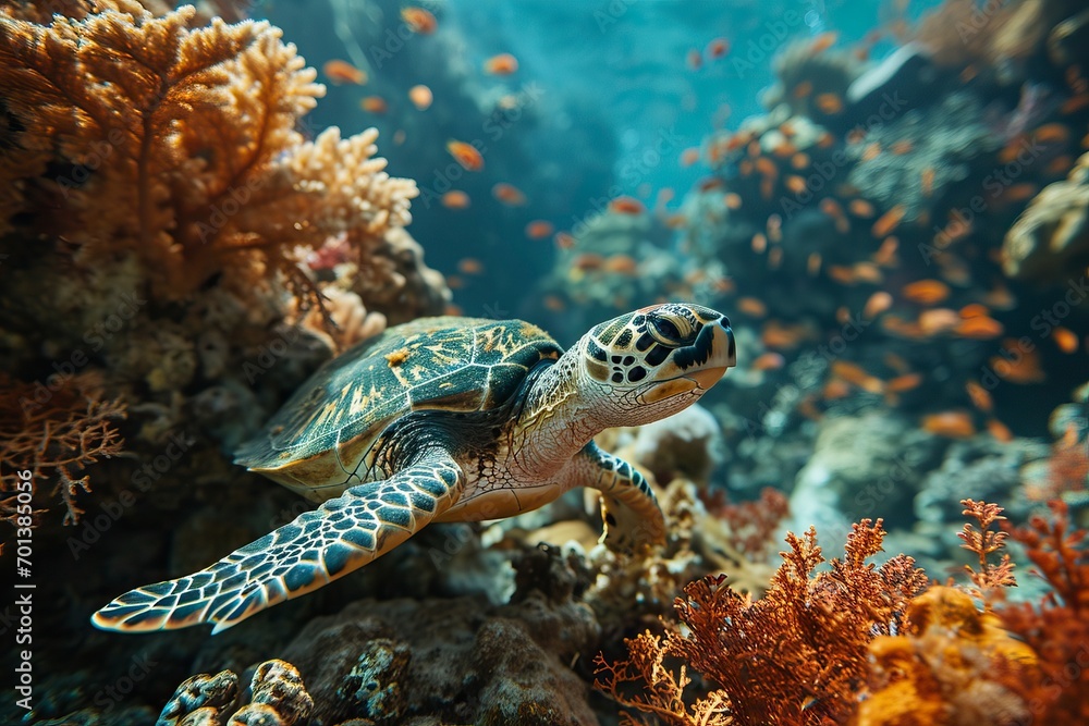 Obraz premium Sea turtle in coral reef swim to water surface. Marine Tortoise portrait