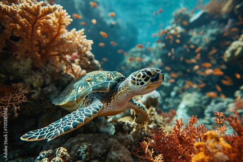 Sea turtle in coral reef swim to water surface. Marine Tortoise portrait