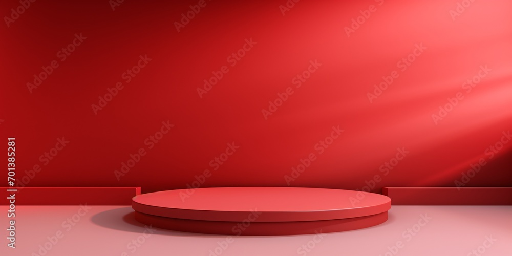 Vibrant crimson set design for showcasing merchandise, featuring silhouettes of glass panels. Vibrant crimson set design for showcasing merchandise, featuring silhouettes of glass panels.
