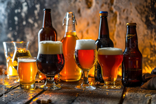 Craft beer collection, a visually appealing arrangement showcasing a variety of craft beers in bottles and glasses.