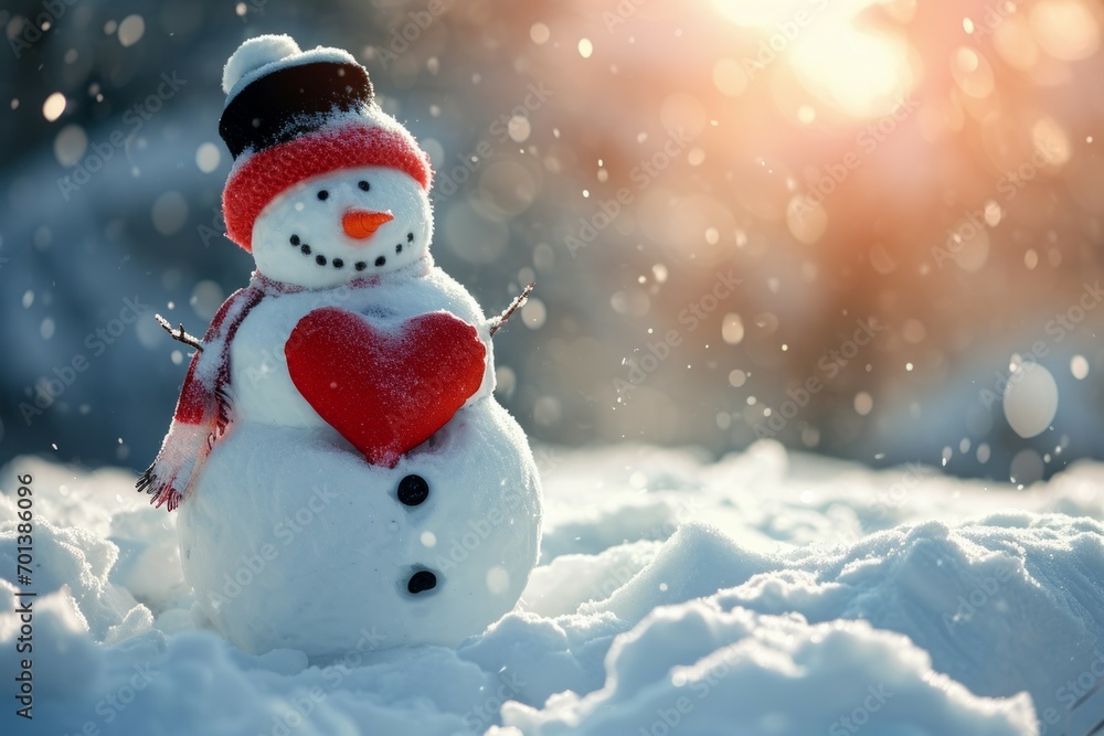 Snowman with heart, Valentine's day concept. Backdrop with selective focus and copy space Snowman with heart, Valentine's day concept. Backdrop with selective focus and copy space