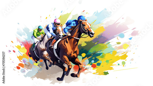 Three racing horses competing with each other. Hippodrome. Racetrack. Equestrian, A painting of horses with jockeys on them with one wearing sports game, Generative AI