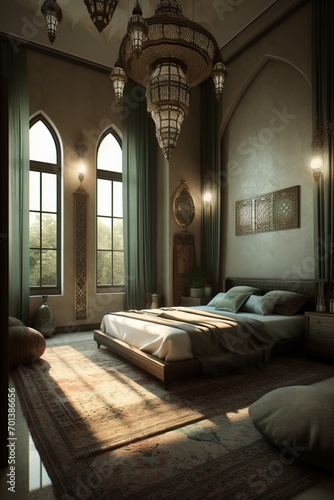 Arabic style bedroom interior in green colors