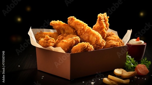 Delicious chicken nuggets, tenders, boneless wings or chiken pieces boasting a medley of soaring spices served hot and ready to savor. Commercial advertisement menu banner with copyspace area