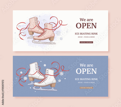 Ice skating rink flyer or horizontal promotion web banner design template. Hand drawn retro ice skate shoes and snowflakes on white and blue background. Vector illustration