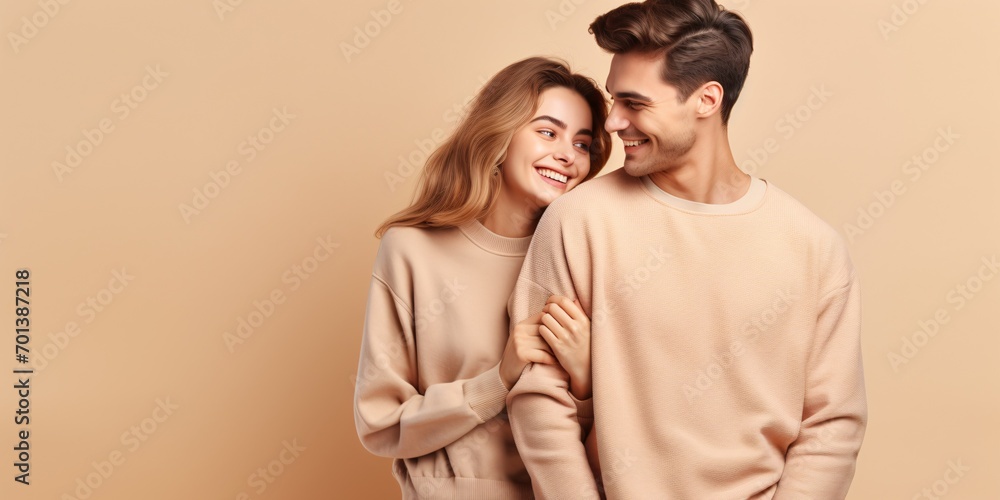Two cheerful, stylish individuals pose together with their arms intertwined against a neutral backdrop in a studio setting. Two cheerful, stylish individuals pose together with their arms intertwined against a neutral backdrop in a studio setting.