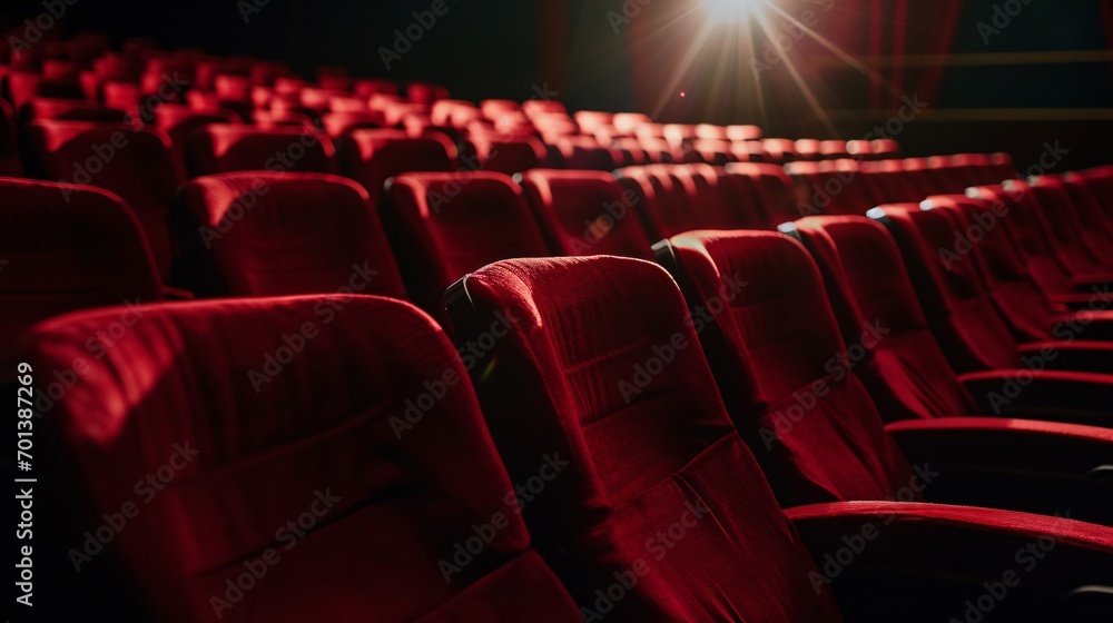 Theatrical spotlight illuminating crimson seats in cinema auditorium. Theatrical spotlight illuminating crimson seats in cinema auditorium.
