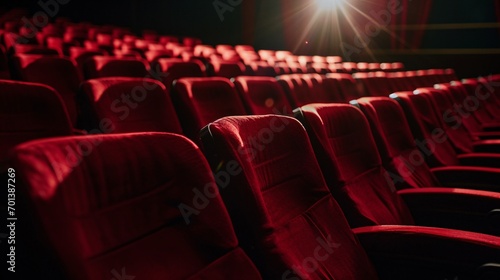 Theatrical spotlight illuminating crimson seats in cinema auditorium.