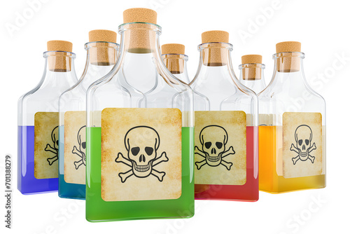 Poison bottles with colored liquid. 3D rendering isolated on transparent background