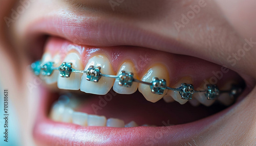 Portrait of a happy smiling teenage girl with dental braces. Portrait teeth with brace teenage girl orthodontist concept