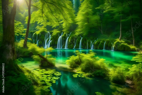 waterfall in the forest  Picturesque morning in Plitvice National Park. Colorful spring scene of green forest with pure water lake. Great countryside view of Croatia  Europe. Beauty of nature concept 