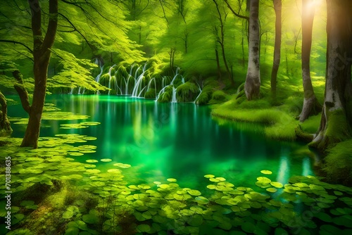 river in the forest  Picturesque morning in Plitvice National Park. Colorful spring scene of green forest with pure water lake. Great countryside view of Croatia  Europe. Beauty of nature concept back