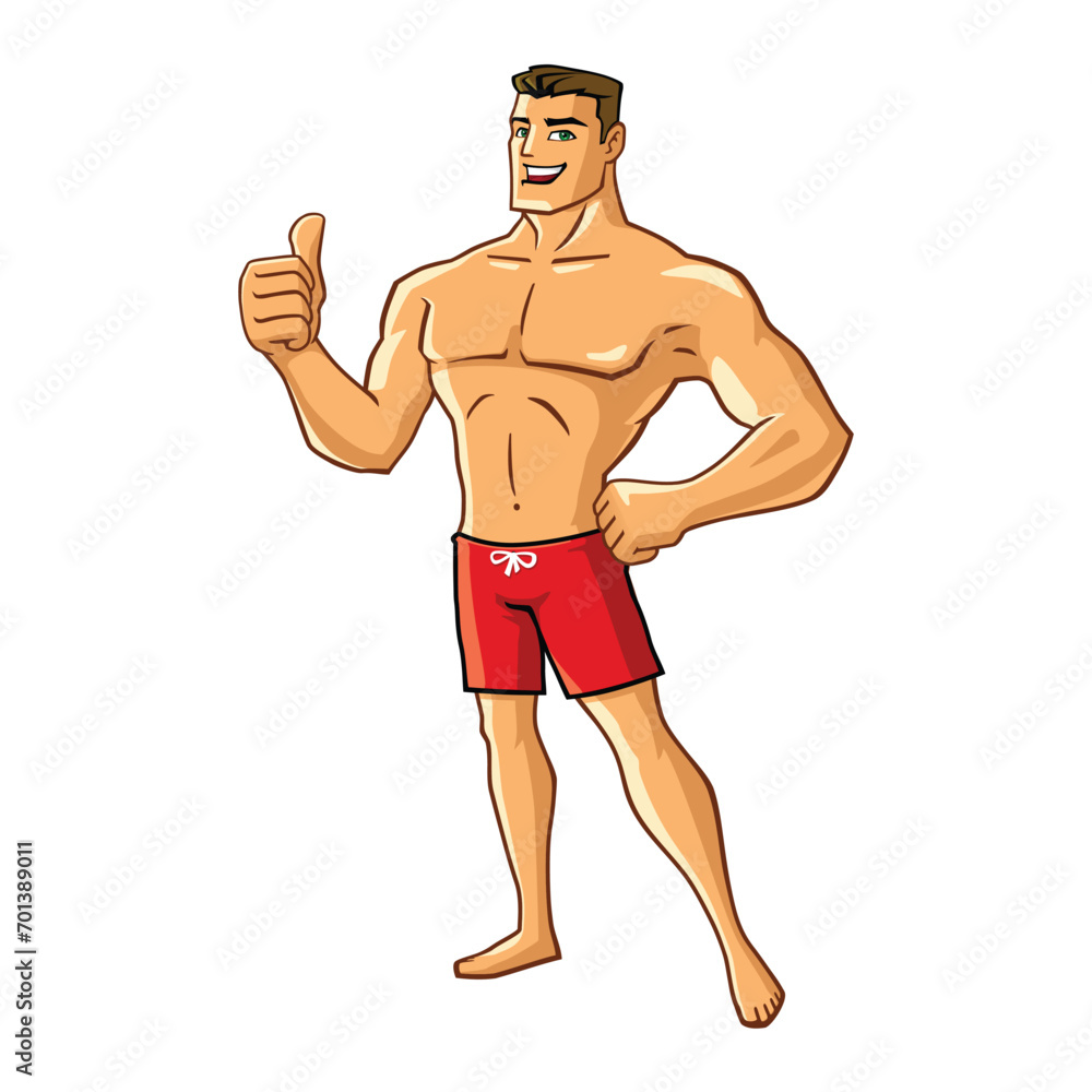 Fototapeta premium Lifeguard superhero with thumbs up cartoon mascot illustration character vector clip art hand drawn
