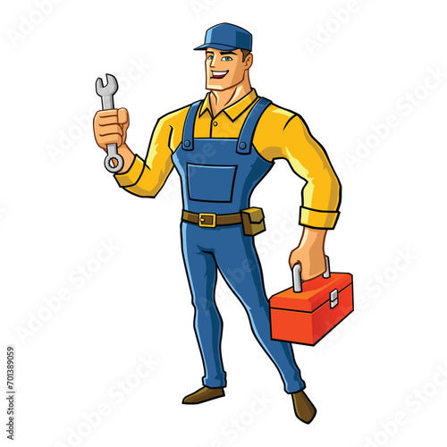 Handyman superhero holding a wrench cartoon mascot illustration character vector clip art hand drawn