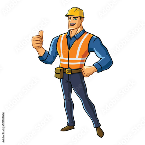 Construction worker superhero cartoon mascot illustration character vector clip art hand drawn