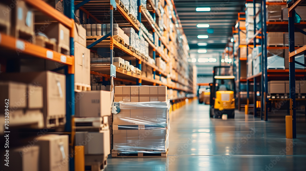 Retail warehouse full of shelves with goods in cartons, with pallets and forklifts. Logistics and transportation blurred background. Product distribution center. Retail warehouse full of shelves with goods in cartons, with pallets and forklifts. Logistics and transportation blurred background. Product distribution center.