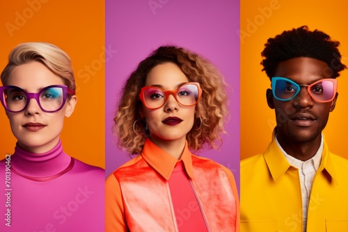 retro style dressed people portrait on colorful background