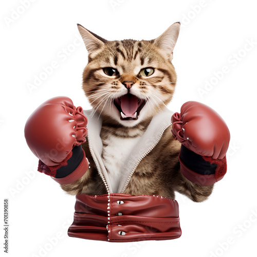 Boxer cat on transparent background PNG, funny animal concept.