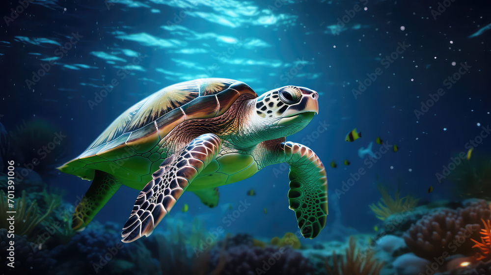 Obraz premium Sea turtle swimming in water in night