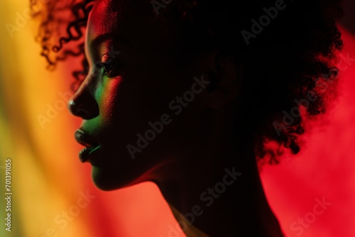 African American Woman with Long Hair and Green  Red  and Blue Lighting Generative AI