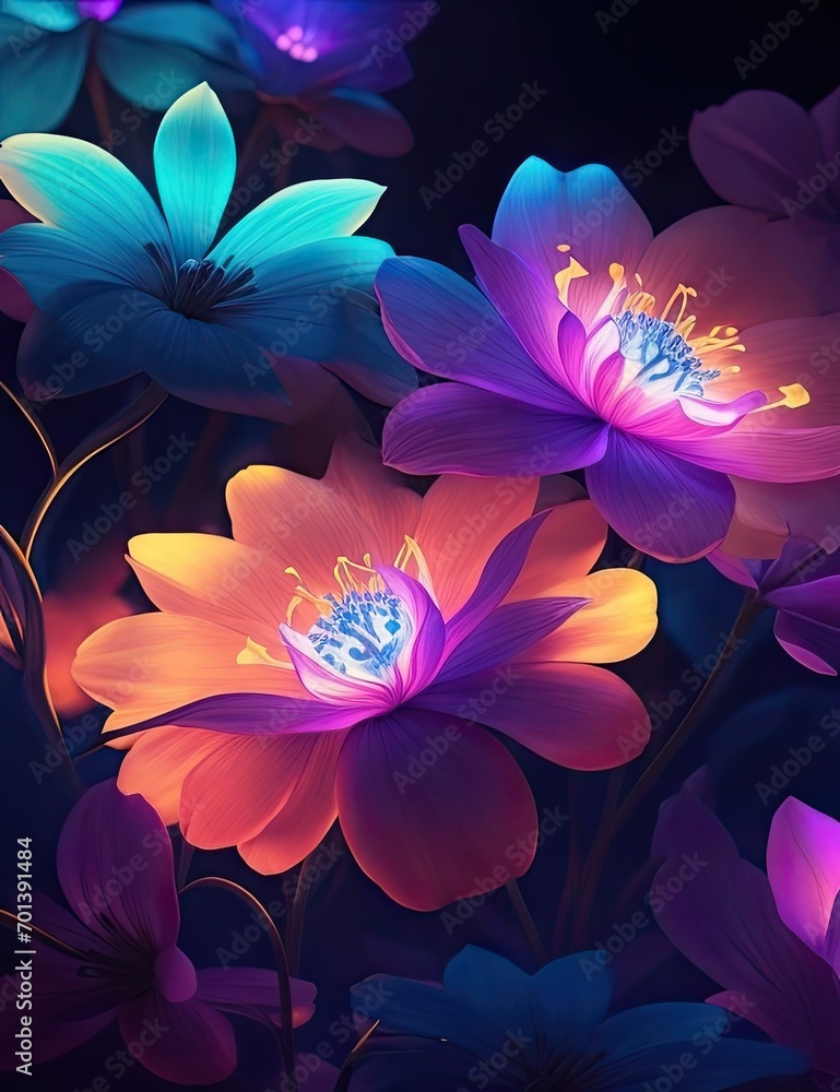 A magical illustration of glowing flowers in the dark. A magical illustration of glowing flowers in the dark.