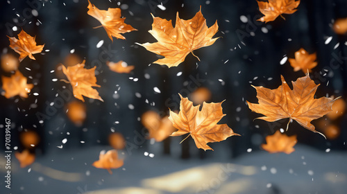A photo of golden autumn leaves flowing on black with snow effect on black background 