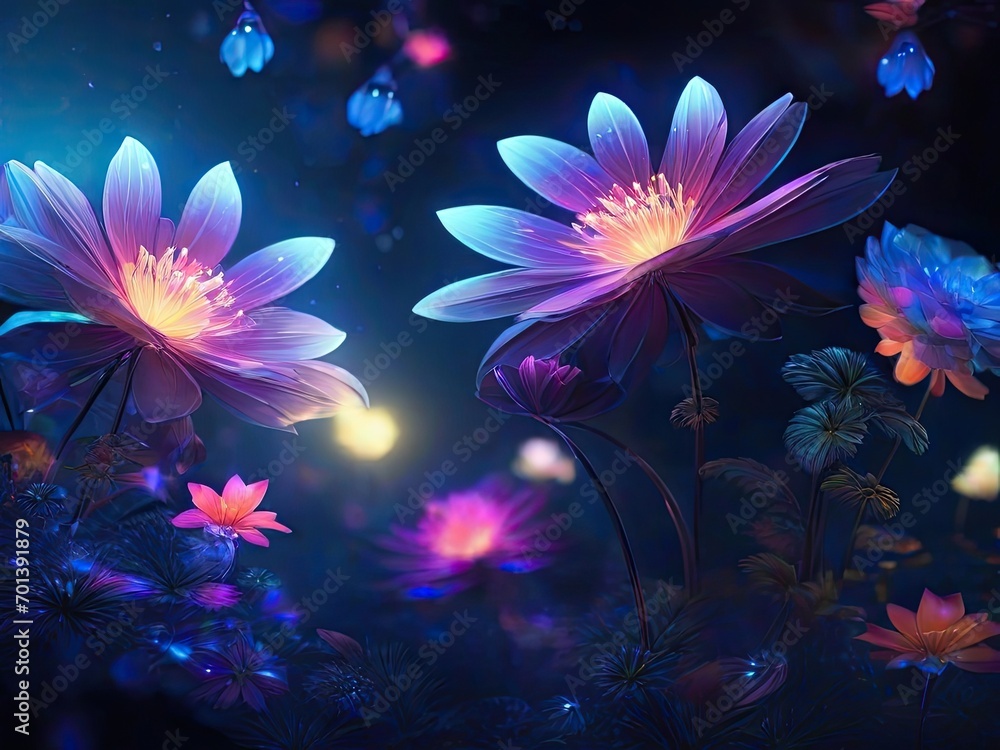 A magical illustration of glowing flowers in the dark. A magical illustration of glowing flowers in the dark.