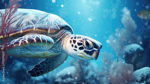 A photo of turtle swimming in the sea water with coral reef