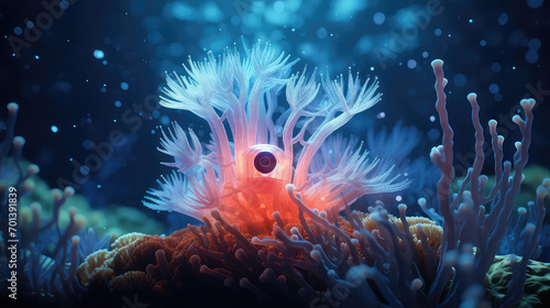 Sea anemone under water ocean water Glowing 