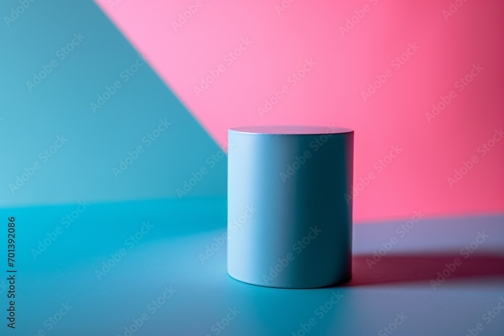 A blue and white cylinder on a blue table. Generative AI A blue and white cylinder on a blue table. Generative AI