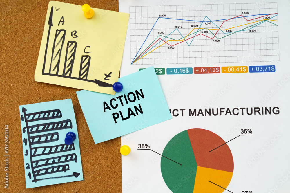 Obraz premium Reporting graphs and diagrams are hung on the board, a sticker with the inscription - ACTION PLAN