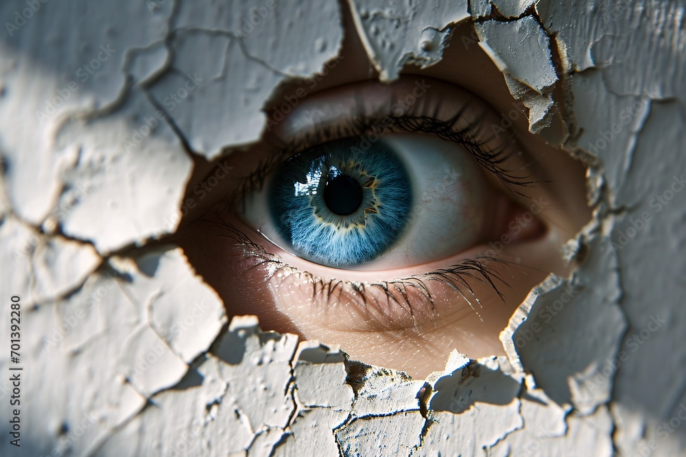 A close-up of a blue eye peeking through a cracked wall Generative AI