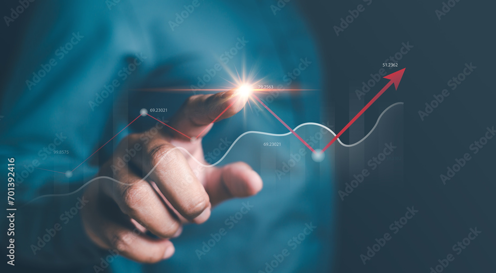 analysis, statistic, finance, growth, chart, financial, graph, diagram, investment, business. businessman touching at line chart to analyze the marketing data growth direction with market trend. - obrazy, fototapety, plakaty 