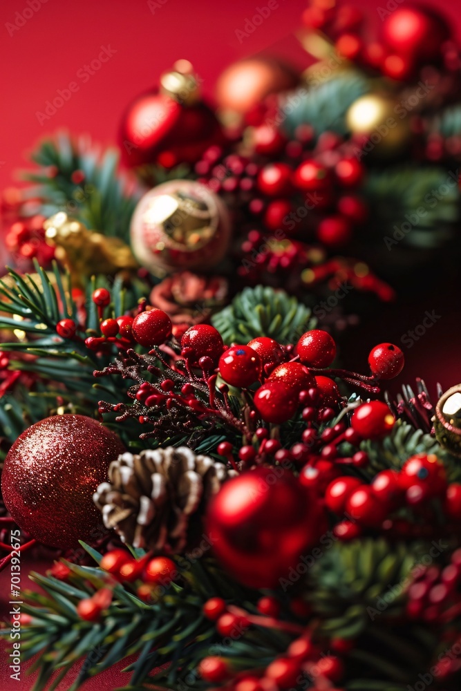 A close-up of a Christmas tree with red ornaments and gold balls. Generative AI