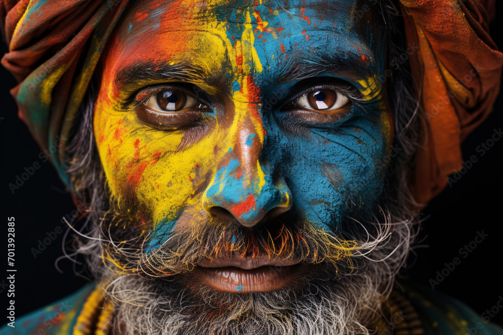 Indian man with a beard and colorful paint in his fave during the Holi festival of colors