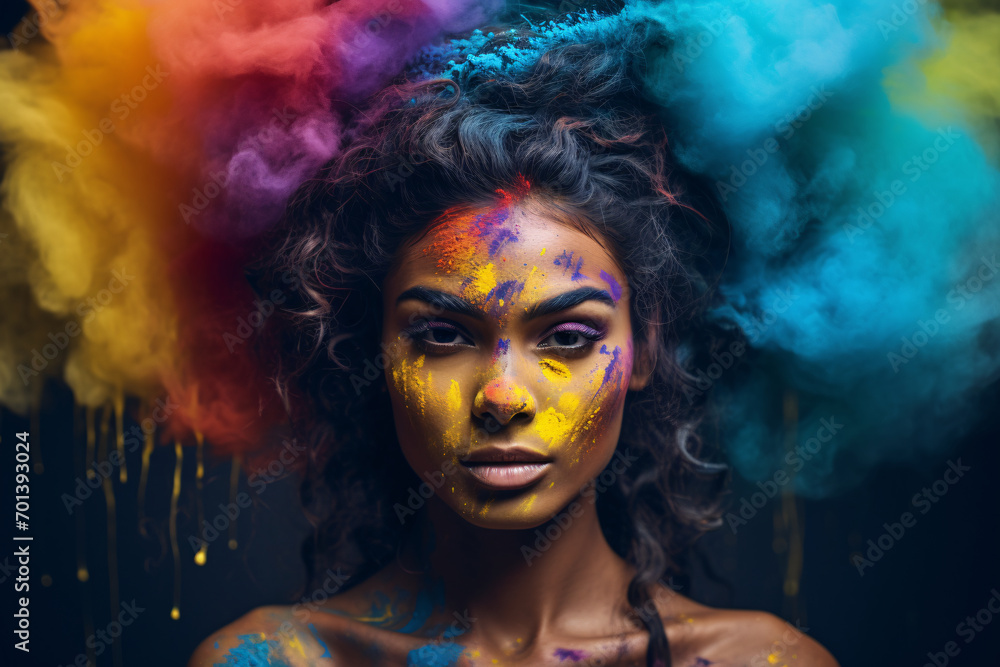 Portrait of a beautiful Indian woman in the midst of a color powder explosion